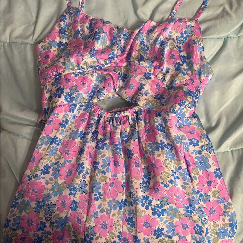Floral Cutout Dress with Pink and Blue Flowers